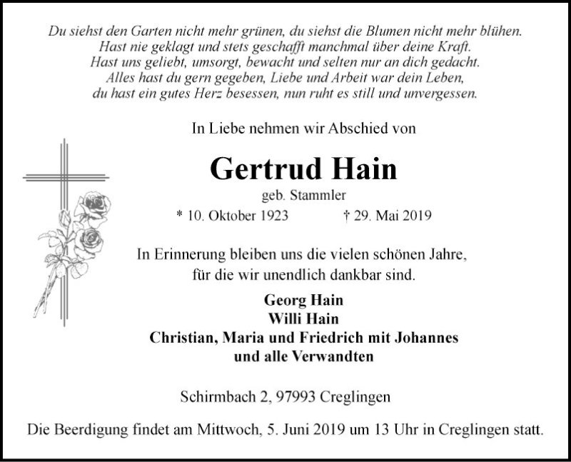  Traueranzeige für Gertrud Hain vom 03.06.2019 aus Fränkische Nachrichten