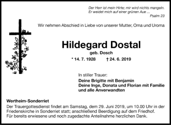 Traueranzeige von Hildegard Dostal von Fränkische Nachrichten