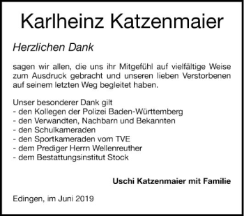 Traueranzeige von Karlheinz Katzenmaier von Mannheimer Morgen