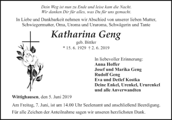 Traueranzeige von Katharina Geng von Fränkische Nachrichten