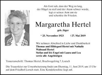 Traueranzeige von Margaretha Hertel von Bergsträßer Anzeiger