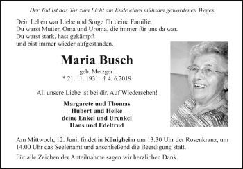 Traueranzeige von Maria Busch von Fränkische Nachrichten