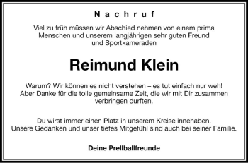 Traueranzeige von Reimund Klein von Fränkische Nachrichten