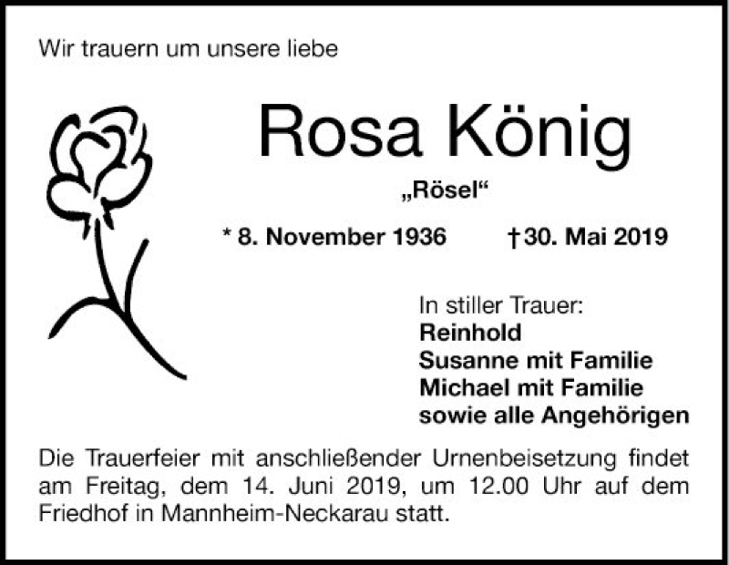  Traueranzeige für Rosa König vom 08.06.2019 aus Mannheimer Morgen