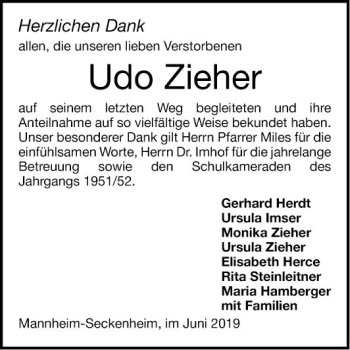 Traueranzeige von Udo Zieher von Mannheimer Morgen