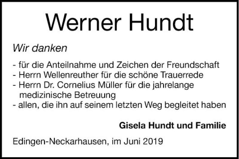 Traueranzeige für Werner Hundt vom 08.06.2019 aus Mannheimer Morgen