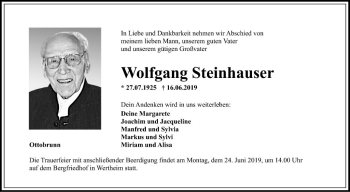 Traueranzeige von Wolfgang Steinhauser von Fränkische Nachrichten