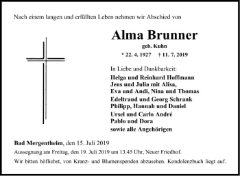 Traueranzeige von Alma Brunner von Fränkische Nachrichten