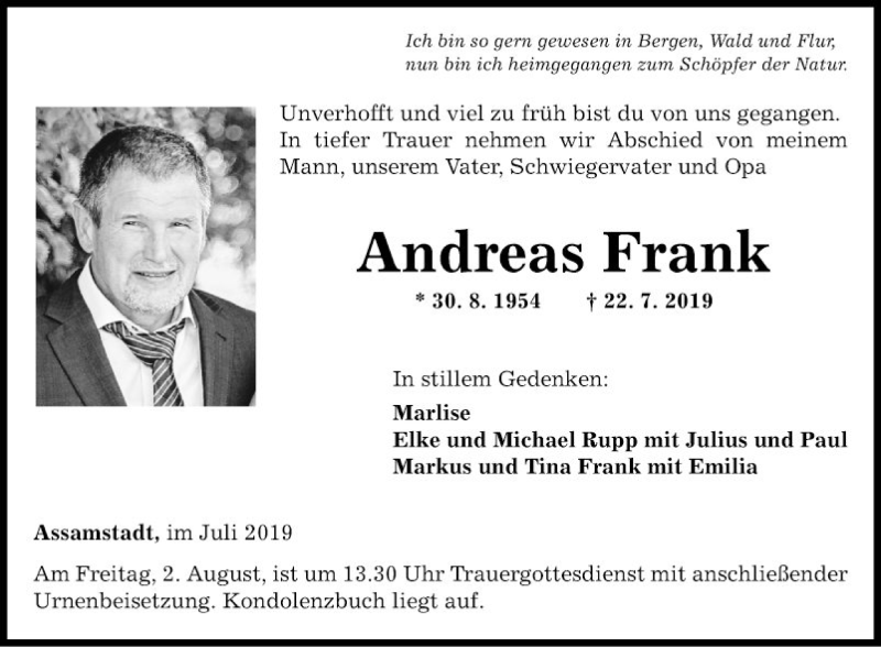 Traueranzeigen Von Andreas Frank Trauerportal Ihrer Tageszeitung 