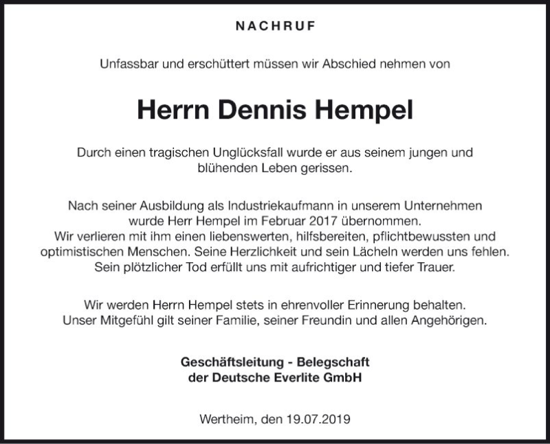  Traueranzeige für Dennis Hempel vom 25.07.2019 aus Fränkische Nachrichten