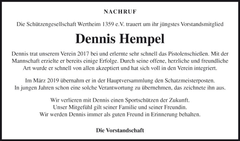  Traueranzeige für Dennis Hempel vom 26.07.2019 aus Fränkische Nachrichten