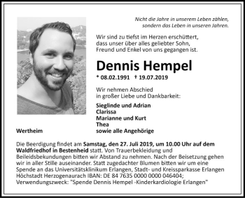 Traueranzeige von Dennis Hempel von Fränkische Nachrichten
