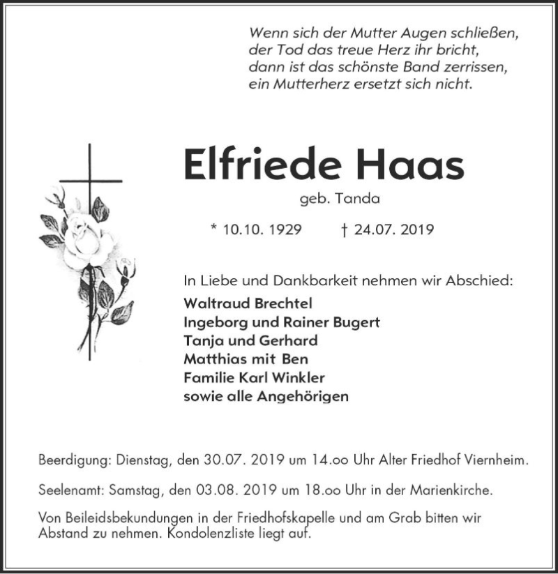  Traueranzeige für Elfriede Haas vom 27.07.2019 aus Südhessen Morgen