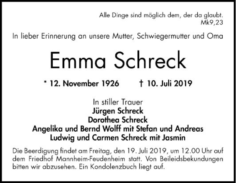 Traueranzeigen Von Emma Schreck | Trauerportal Ihrer Tageszeitung