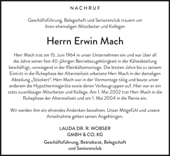Traueranzeige von Erwin Mach von Fränkische Nachrichten