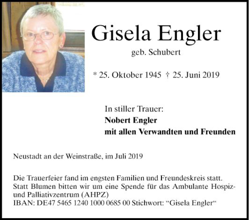 Traueranzeigen von Gisela Engler | Trauerportal Ihrer Tageszeitung
