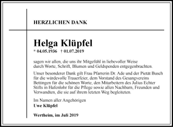 Traueranzeige von Helga Klüpfel von Fränkische Nachrichten