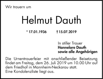 Traueranzeige von Helmut Dauth von Mannheimer Morgen