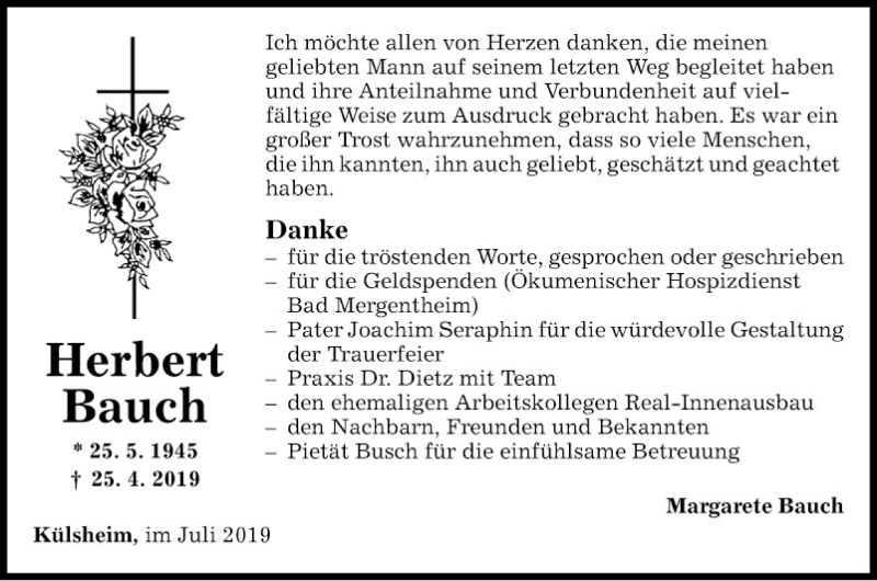  Traueranzeige für Herbert Bauch vom 06.07.2019 aus Fränkische Nachrichten