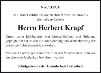 Traueranzeige von Herbert Krapf von Fränkische Nachrichten