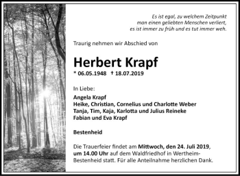Traueranzeige von Herbert Krapf von Fränkische Nachrichten