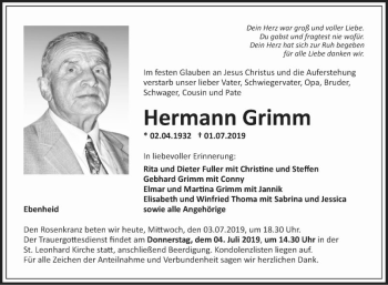 Traueranzeige von Hermann Grimm von Fränkische Nachrichten
