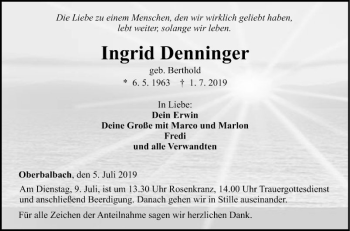 Traueranzeige von Ingrid Denninger von Fränkische Nachrichten