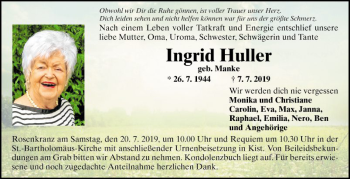 Traueranzeige von Ingrid Huller von Fränkische Nachrichten