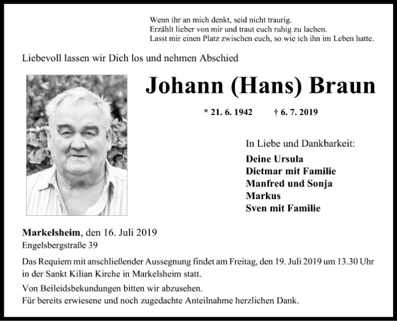  Traueranzeige für Johann Braun vom 16.07.2019 aus Fränkische Nachrichten