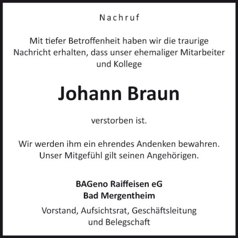  Traueranzeige für Johann Braun vom 18.07.2019 aus Fränkische Nachrichten
