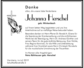 Traueranzeige von Johanna Herschel von Südhessen Morgen