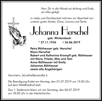Traueranzeige von Johanna Herschel von Südhessen Morgen