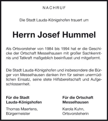 Traueranzeige von Josef Hummel von Fränkische Nachrichten