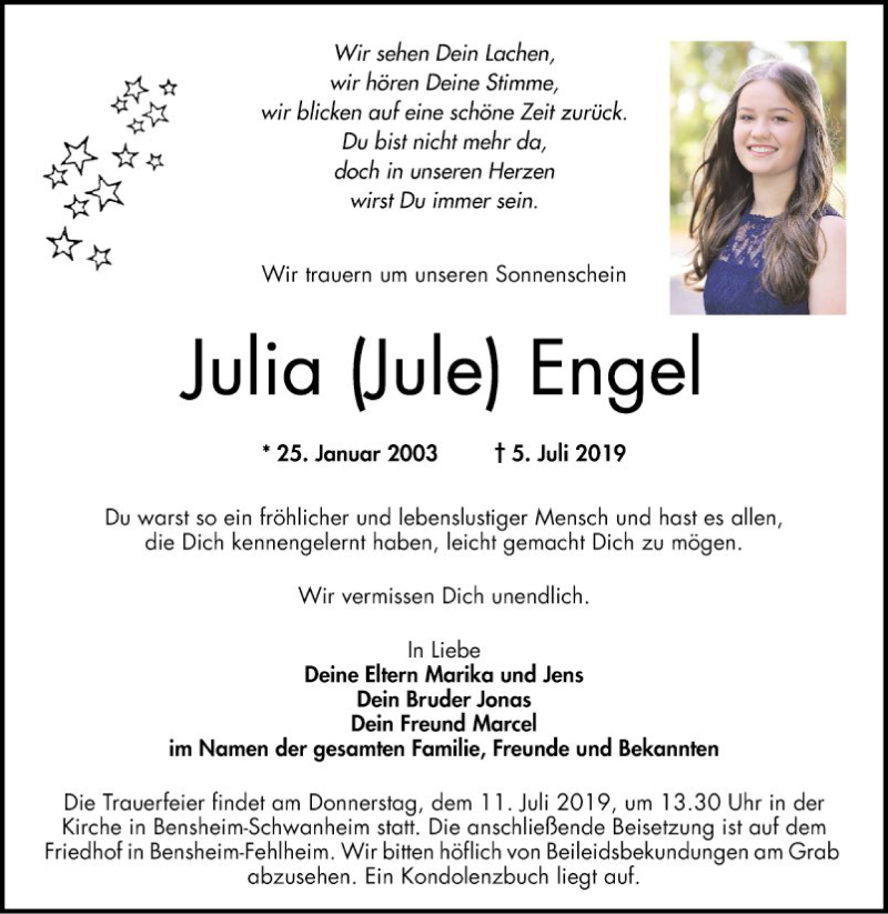  Traueranzeige für Julia  Engel vom 10.07.2019 aus Bergsträßer Anzeiger