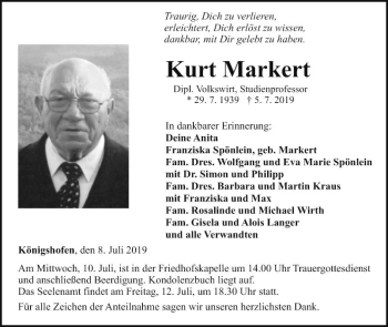 Traueranzeige von Kurt Markert von Fränkische Nachrichten