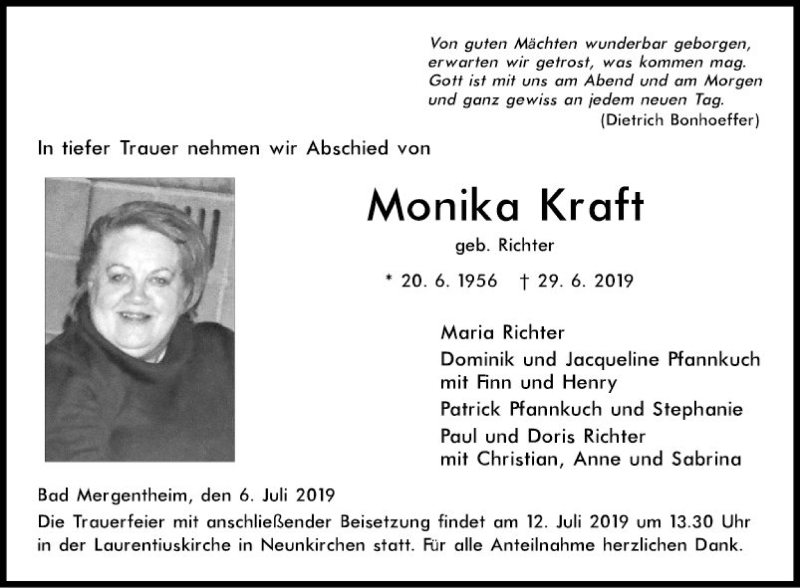  Traueranzeige für Monika Kraft vom 06.07.2019 aus Fränkische Nachrichten