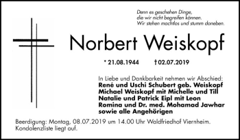 Traueranzeige von Norbert Weiskopf von Südhessen Morgen