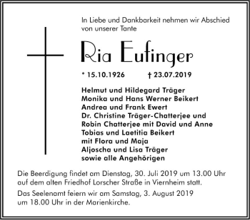 Traueranzeige von Ria Eufinger von Südhessen Morgen