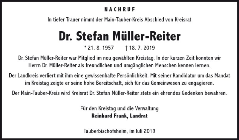 Traueranzeige für Stefan Müller-Reiter vom 24.07.2019 aus Fränkische Nachrichten