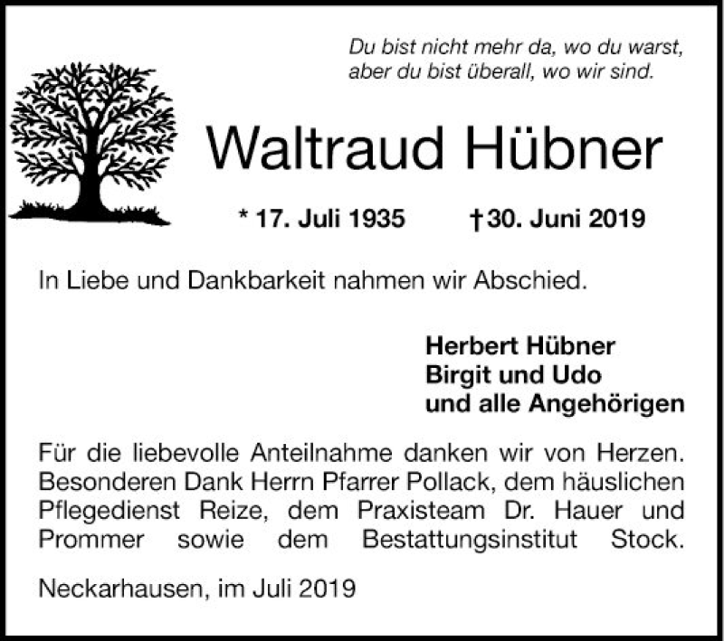  Traueranzeige für Waltraud Hübner vom 20.07.2019 aus Mannheimer Morgen