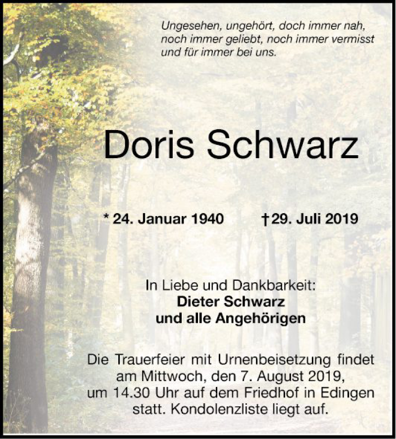 Traueranzeige für Doris Schwarz vom 03.08.2019 aus Mannheimer Morgen