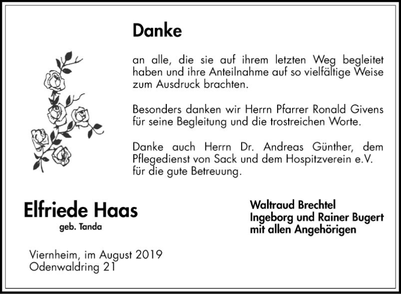  Traueranzeige für Elfriede Haas vom 10.08.2019 aus Südhessen Morgen