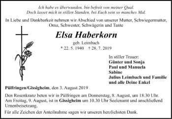 Traueranzeige von Elsa Haberkorn von Fränkische Nachrichten