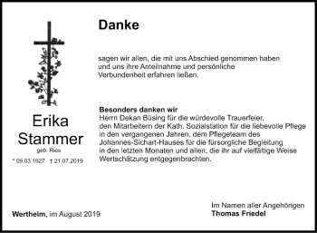 Traueranzeige von Erika Stammer von Fränkische Nachrichten