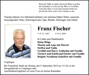 Traueranzeige von Franz Fischer von Fränkische Nachrichten