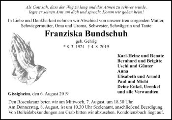 Traueranzeige von Franziska Bundschuh von Fränkische Nachrichten
