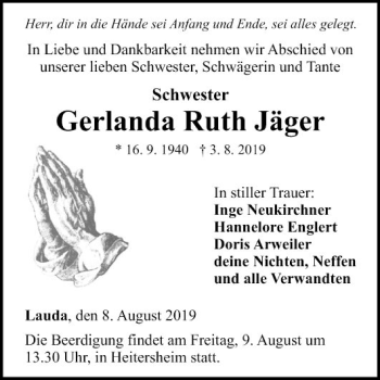Traueranzeige von Gerlanda Ruth Jäger von Fränkische Nachrichten