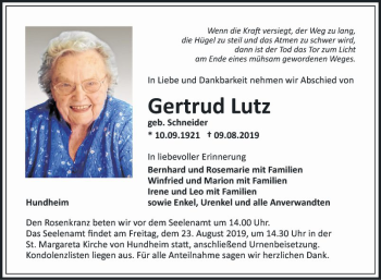 Traueranzeige von Gertrud Lutz von Fränkische Nachrichten