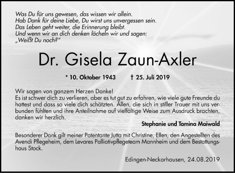  Traueranzeige für Gisela Zaun-Axler vom 24.08.2019 aus Mannheimer Morgen