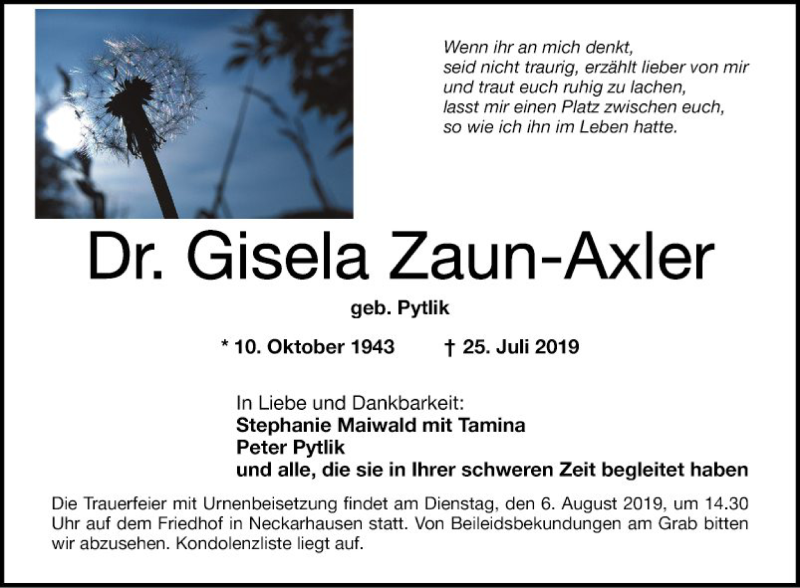  Traueranzeige für Gisela Zaun-Axler vom 03.08.2019 aus Mannheimer Morgen
